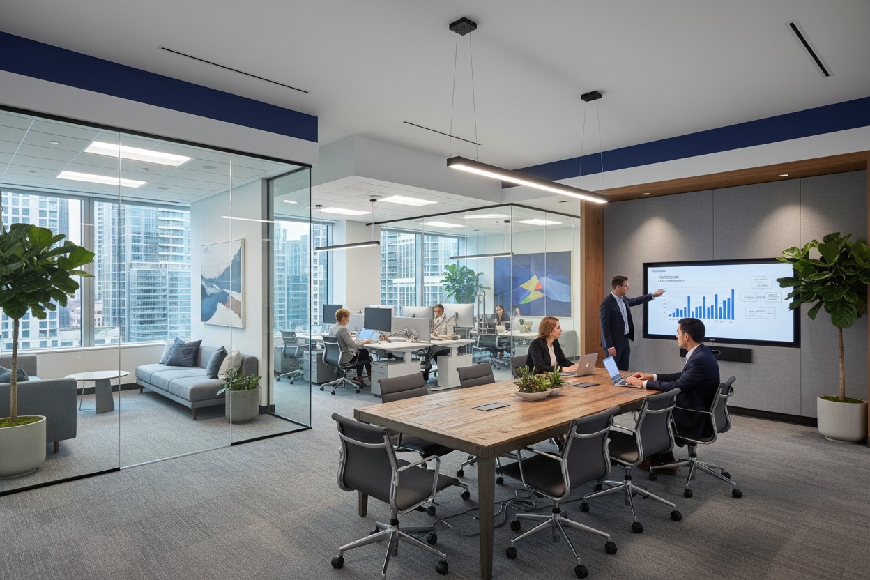 Employees collaborate in a brightly lit modern office featuring glass-walled conference rooms and open workspaces with city views.